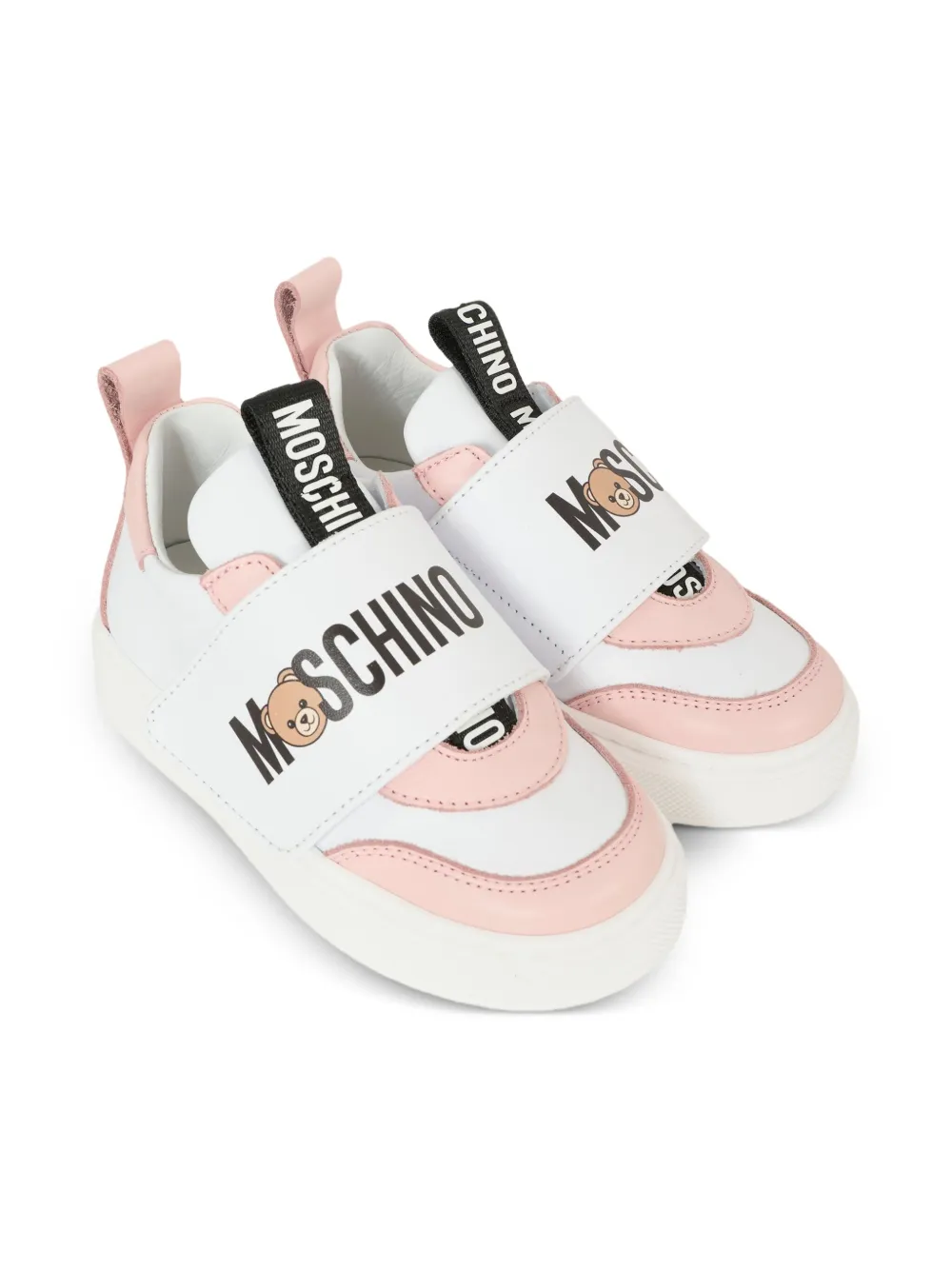 Moschino Kids logo-strap leather trainers White