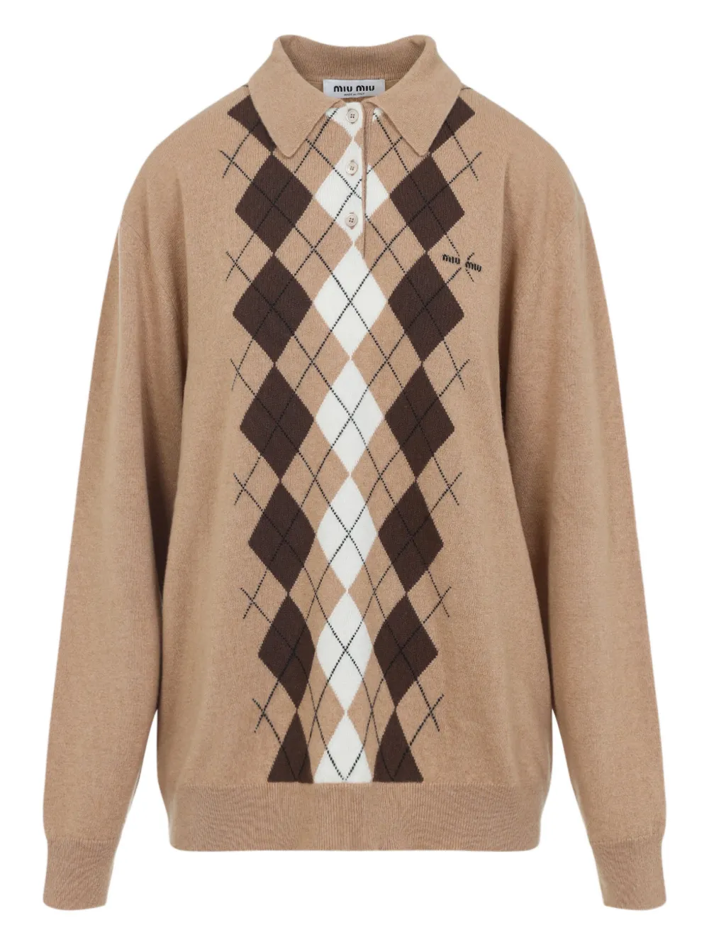 Miu argyle polo-collar sweater Beige