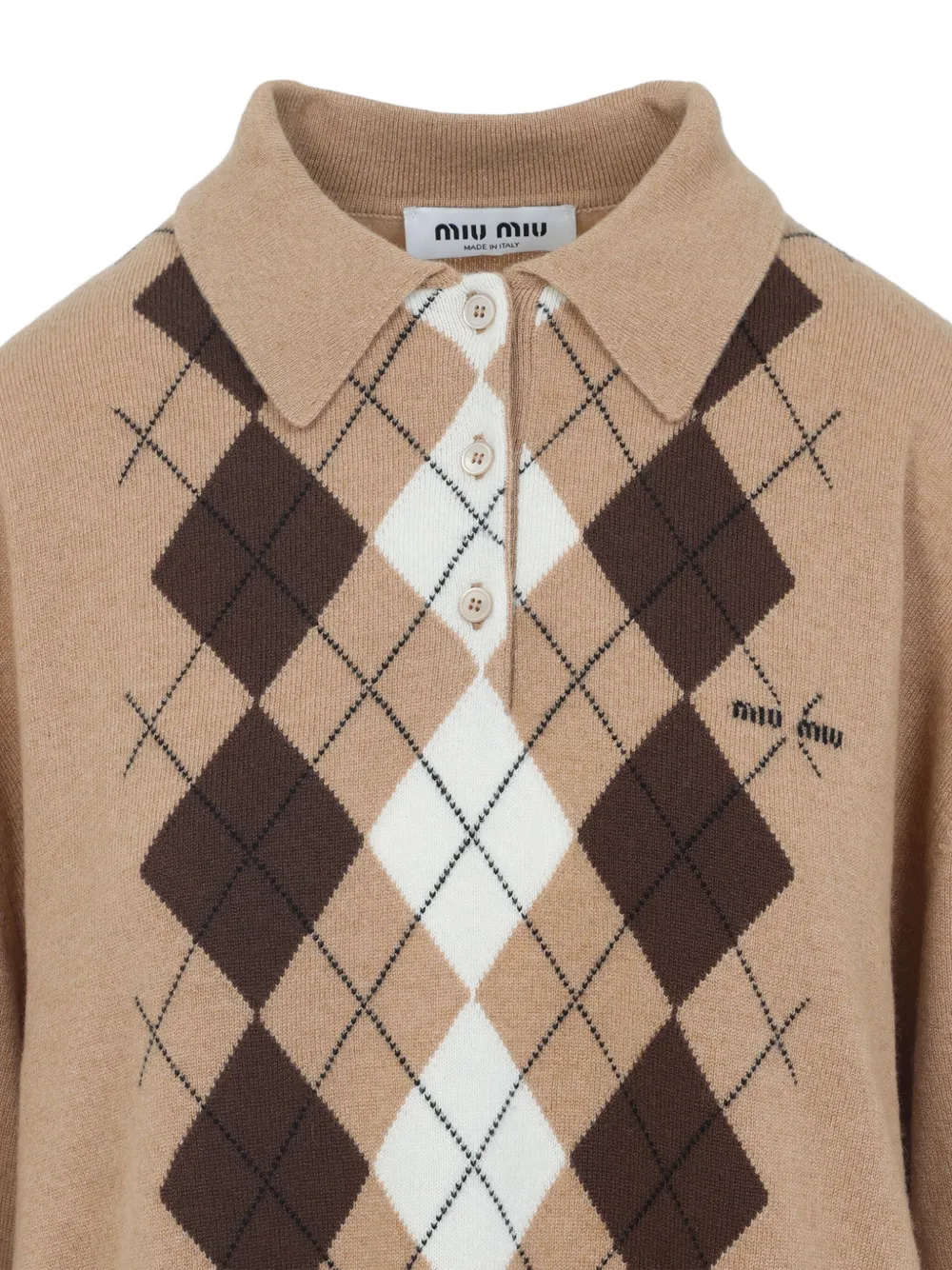 Miu argyle polo-collar sweater Beige