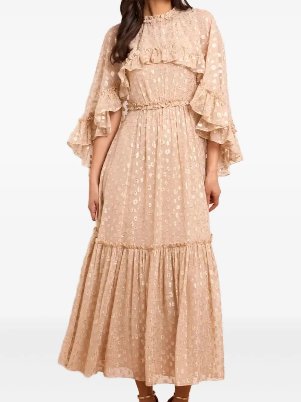 Needle & Thread Harper Cape-sleeve Ruffled Midi Dress In Neutral