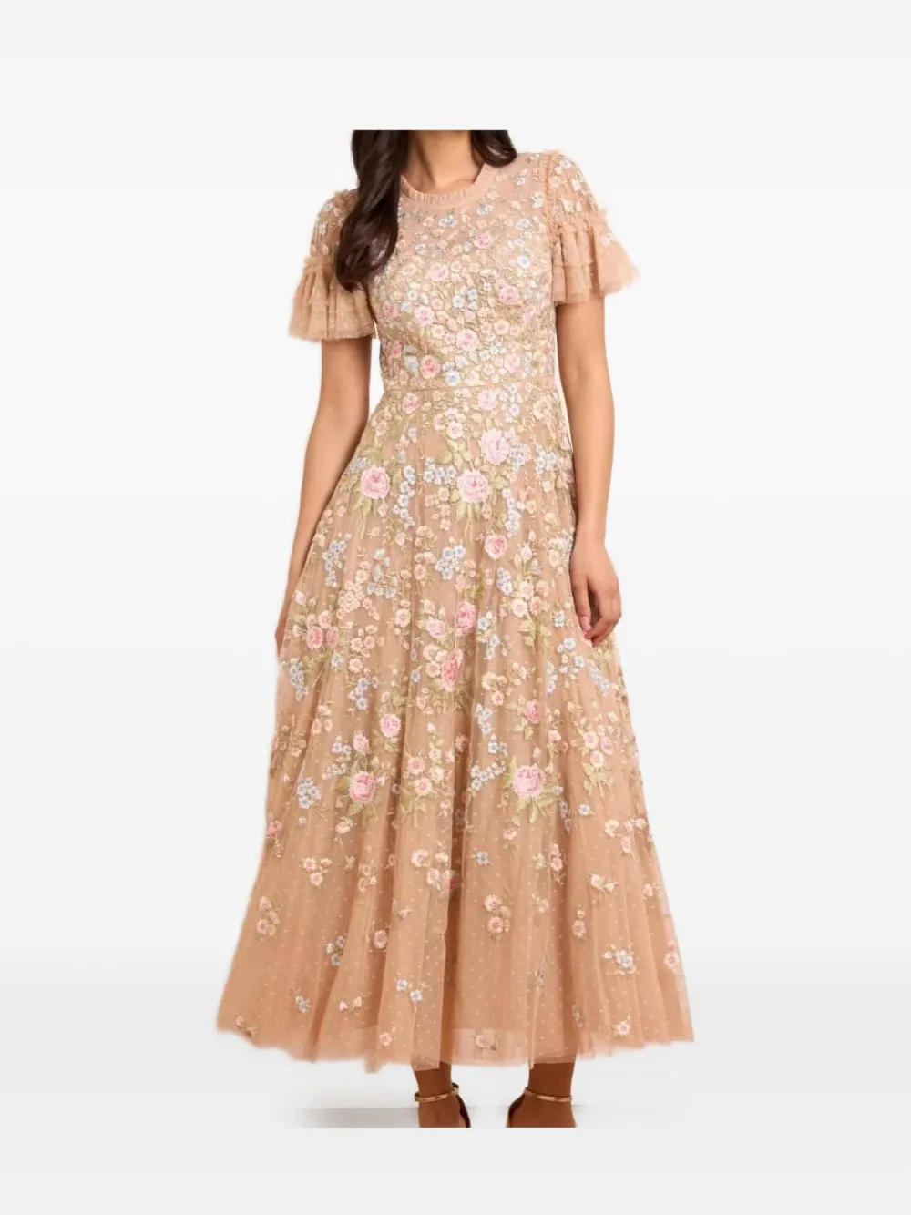 Needle & Thread Antoinettes embroidered-sequins ruffled midi dress - Beige