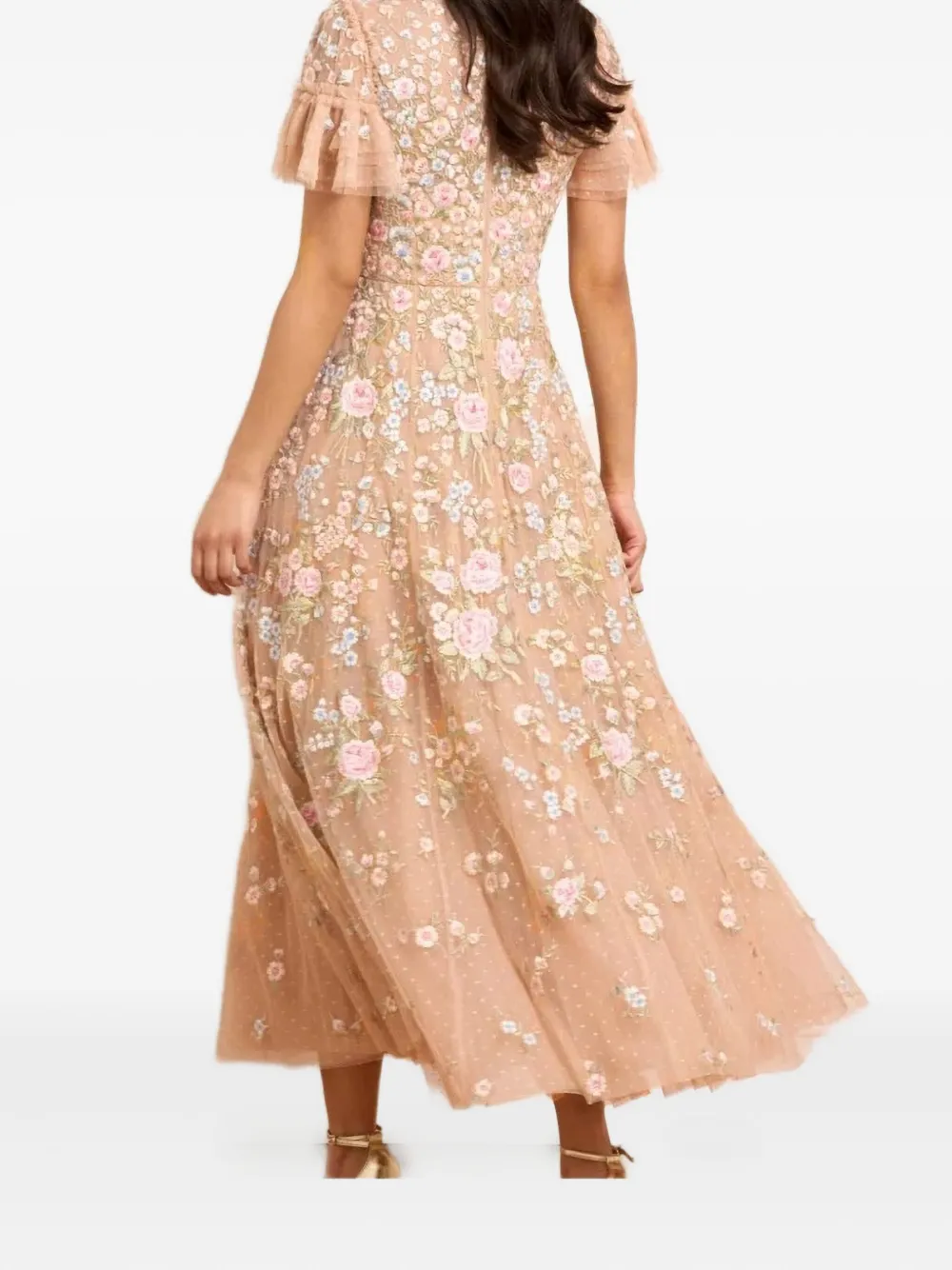 Needle & Thread Antoinettes Embroidered-sequins Ruffled Midi Dress In Neutral