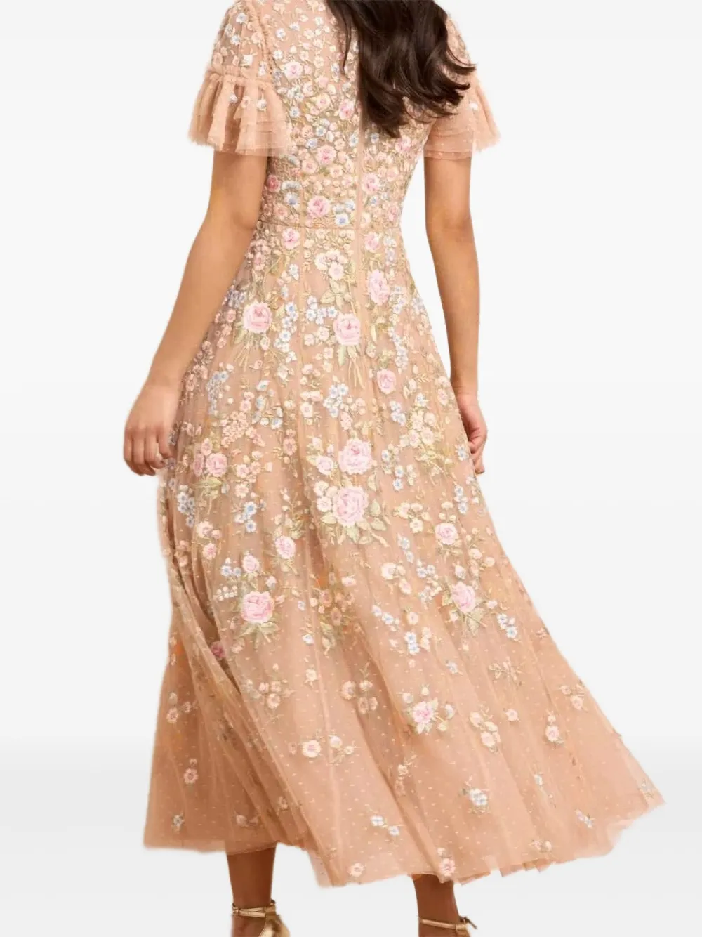 Needle & Thread Antoinettes midi-jurk met geborduurde pailletten en ruches Beige