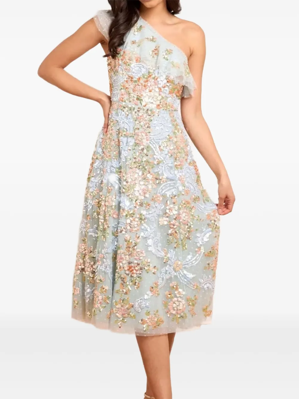 Needle & Thread Ruffled One-shoulder Sequin-embellished Midi Dress In Multi