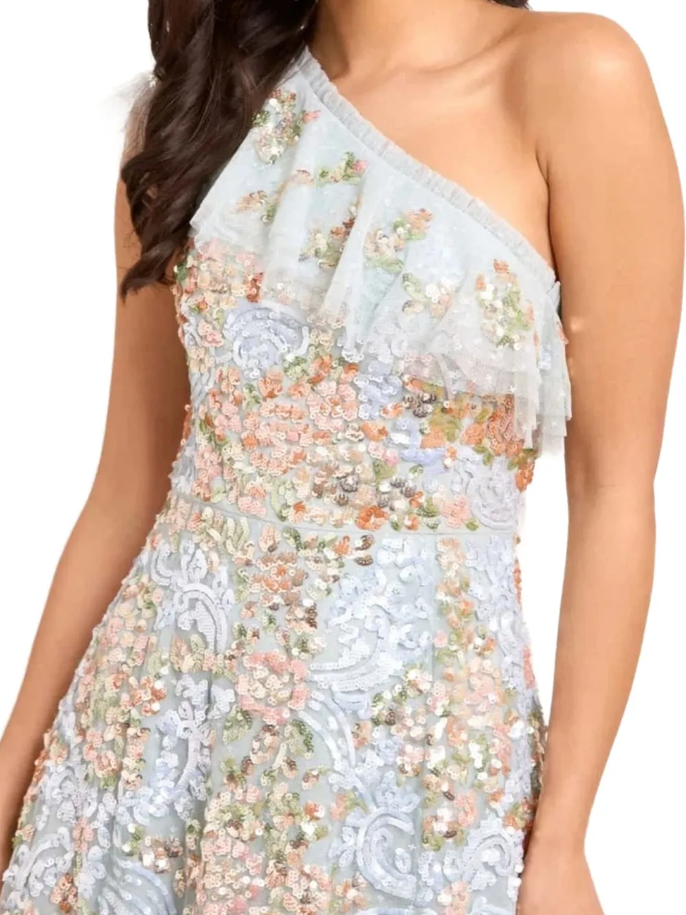 Needle & Thread Ruffled One-shoulder Sequin-embellished Midi Dress In Multi