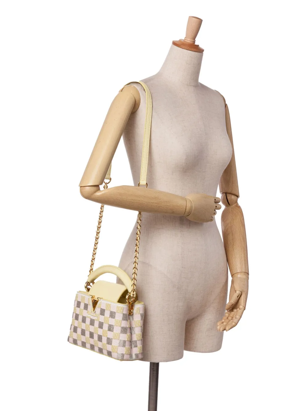 Pre-owned Louis Vuitton 2021-2025 Smooth Calfskin Beaded Mini Capucines Satchel In Yellow