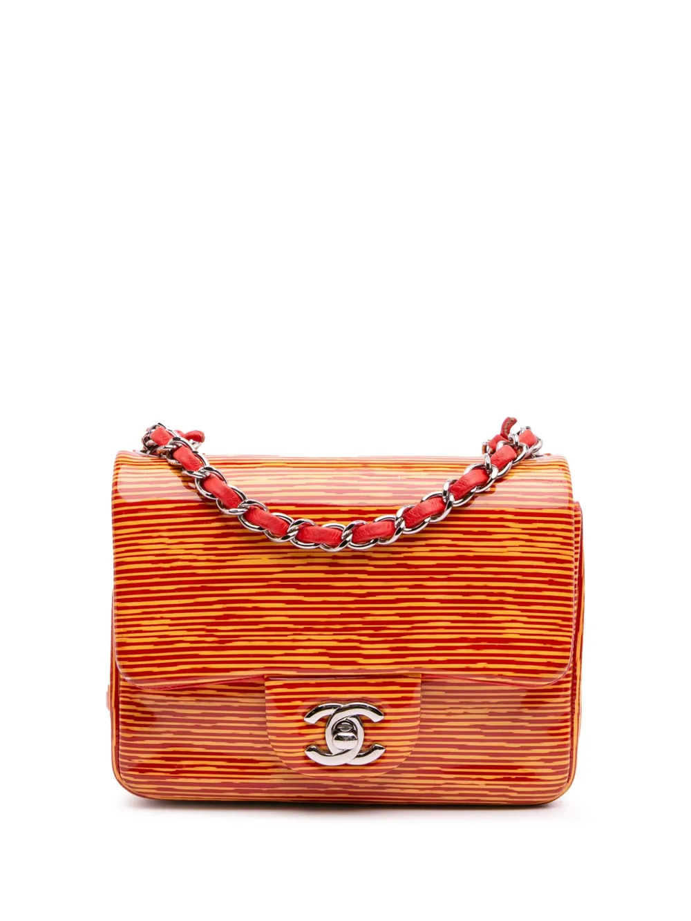 CHANEL Pre-Owned 2013-2014 Mini Square Classic Patent Striped Single Flap crossbody bag | Orange | Image 1