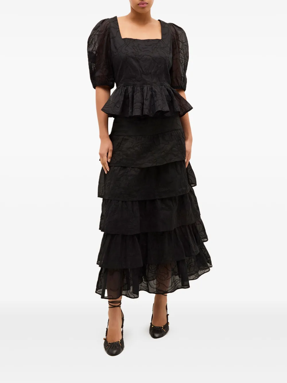 Marie Oliver Orla puff-sleeve embroidered top - Zwart