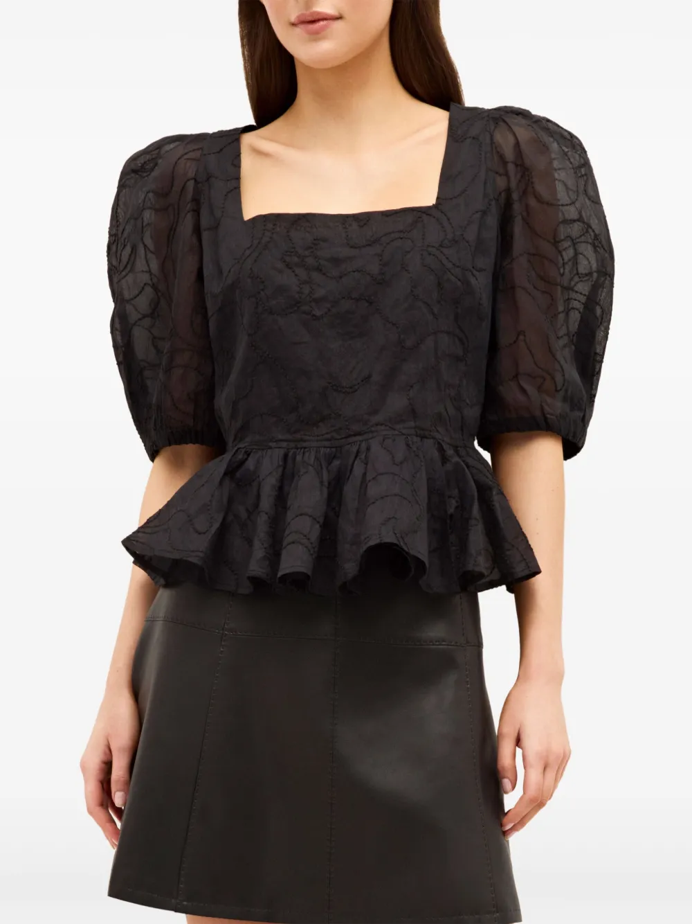 Marie Oliver Orla Embroidered Puff-sleeve Peplum Top In Black