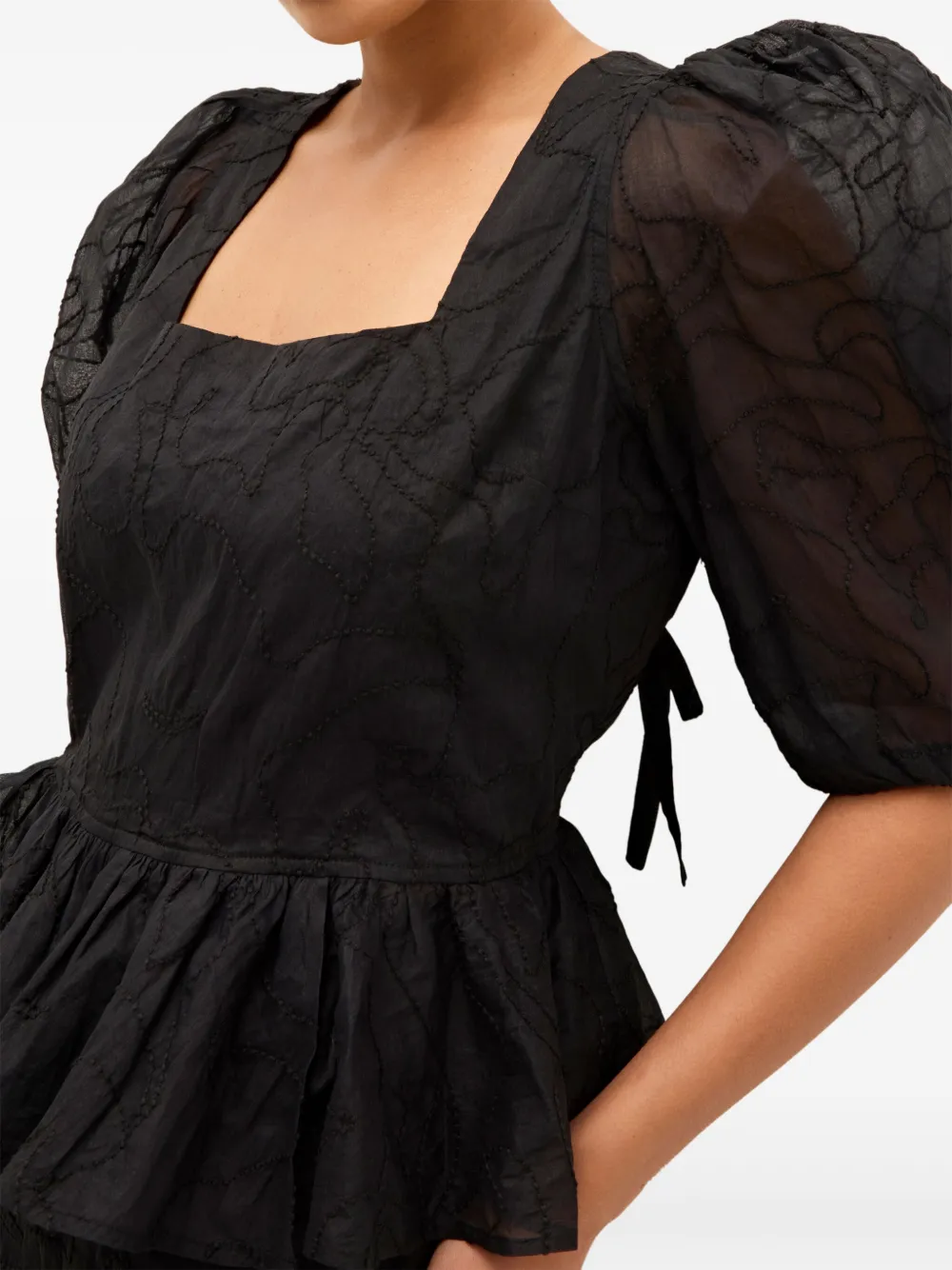 Marie Oliver Orla Embroidered Puff-sleeve Peplum Top In Black