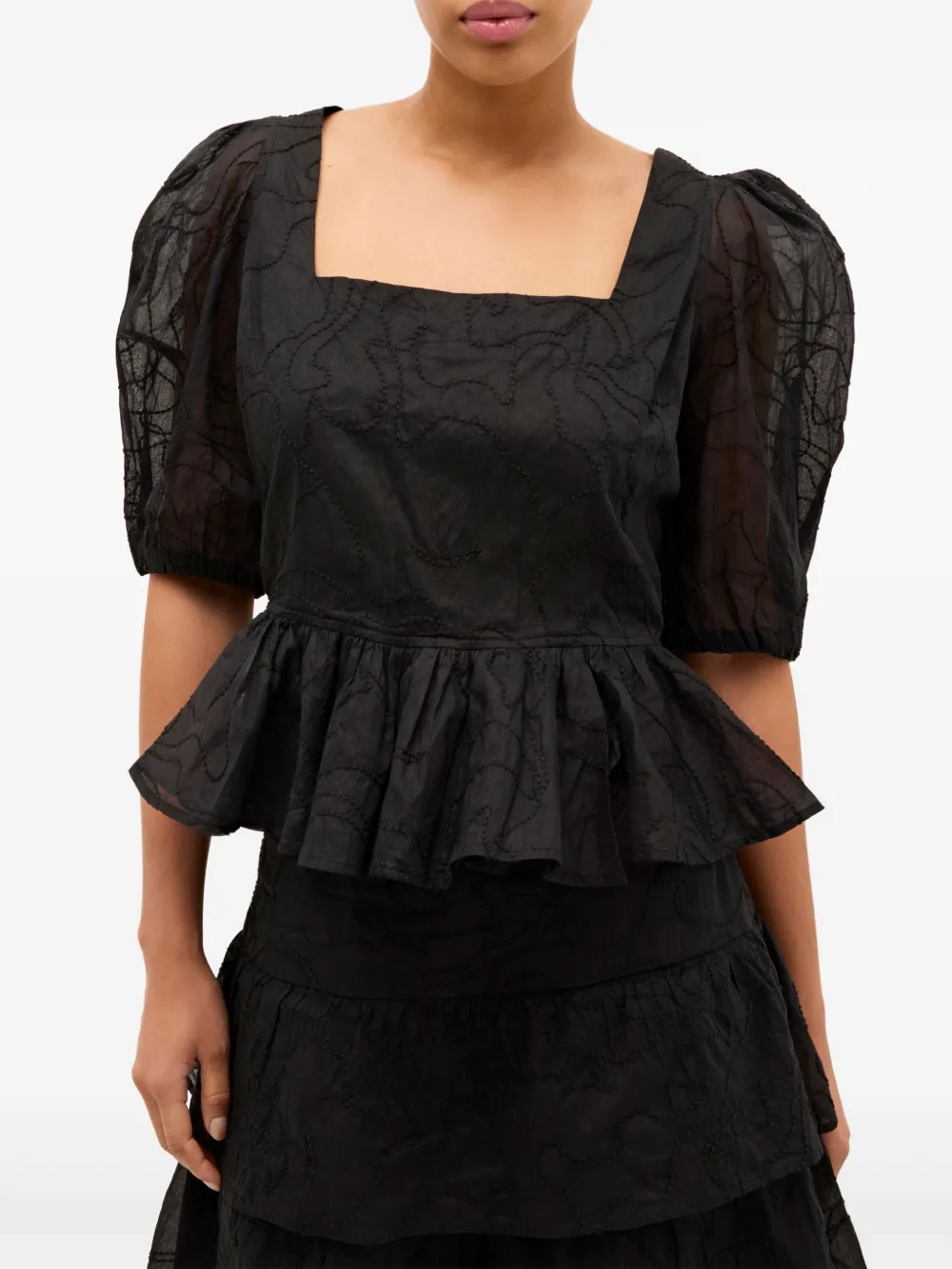 Marie Oliver Orla Embroidered Puff-sleeve Peplum Top In Black