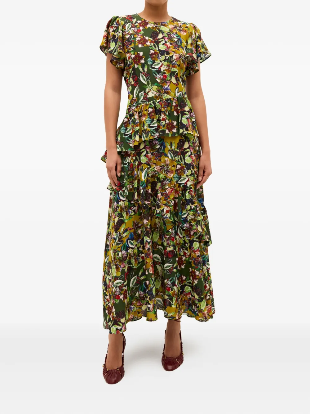 Marie Oliver Quinby midi-jurk met ruches en bloemenprint - Groen