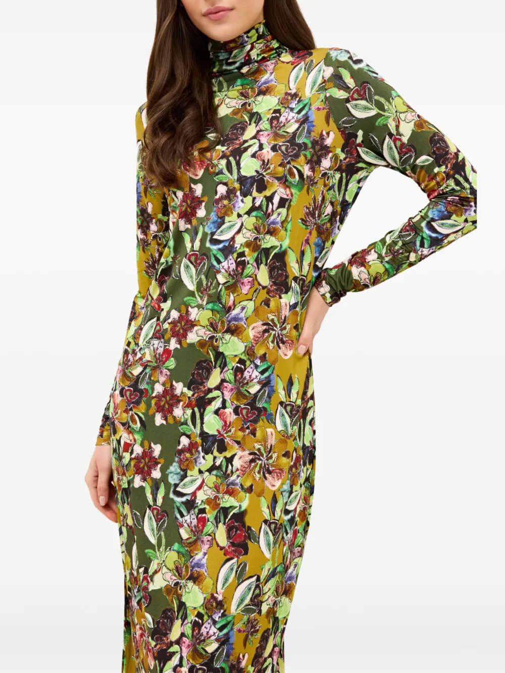 Marie Oliver Paxton Floral-print Turtleneck Midi Dress In Green