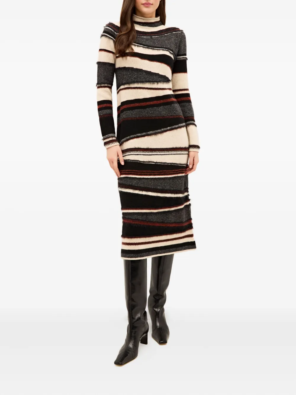 Marie Oliver Hesta gestreepte midi-jurk met hoge hals - Beige