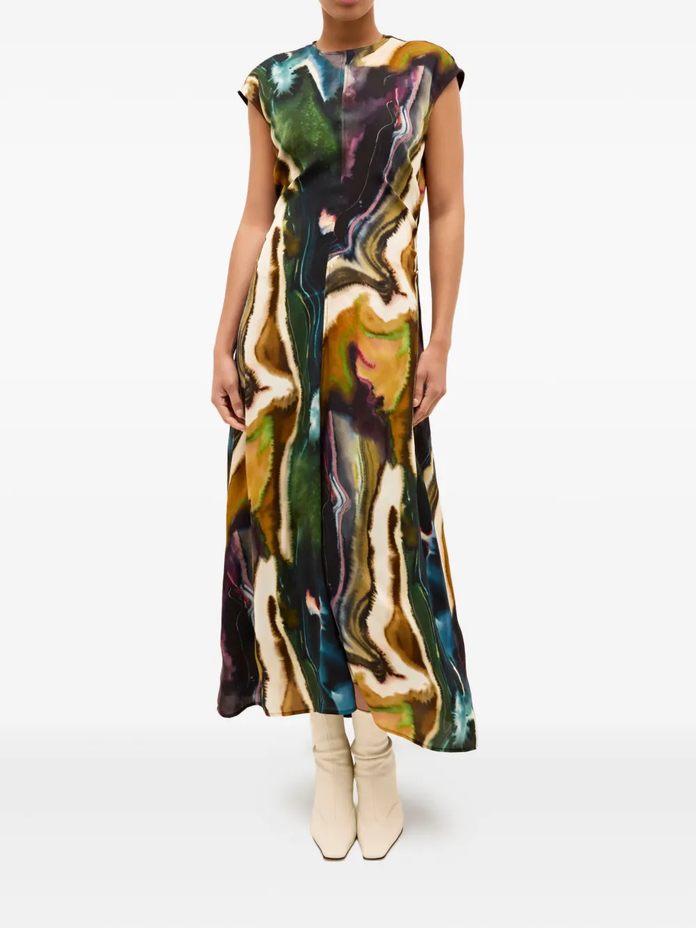 Marie Oliver Zuri jurk met abstracte print en kapmouwen - Geel