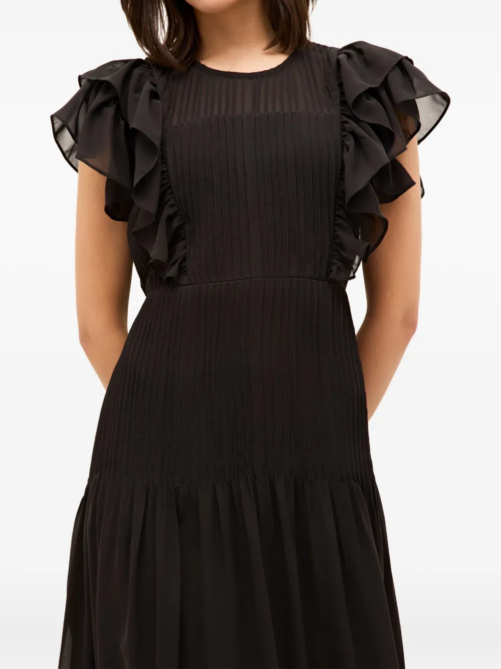Marie Oliver Winfrey Flutter-sleeve Pintuck Maxi Dress In Black