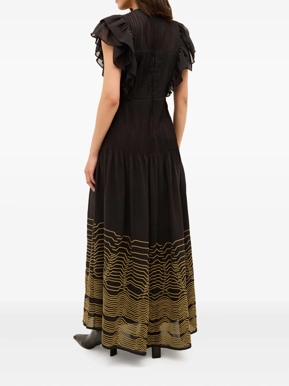 Marie Oliver Winfrey Flutter-sleeve Pintuck Maxi Dress In Black