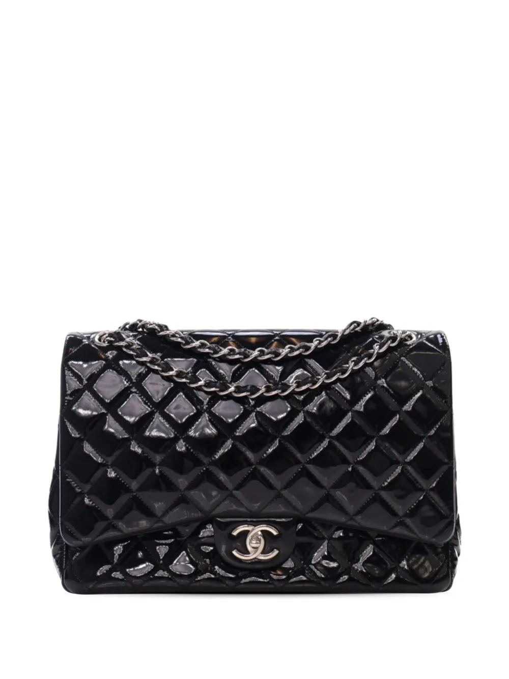 CHANEL Pre-Owned 2013-2014 マキシ クラシック パテント ダブルフラップ ショルダーバッグ - ブラック CHANEL Pre-Owned 2013-2014 マキシ クラシック パテント ダブルフラップ ショルダーバッグ - ブラック
