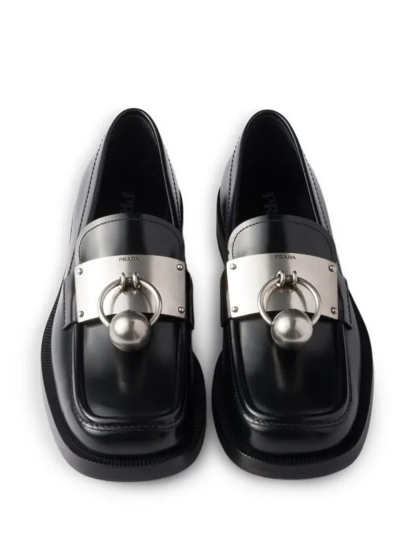 Prada metal-ornament Leather Loafers | Black | FARFETCH display picture 3