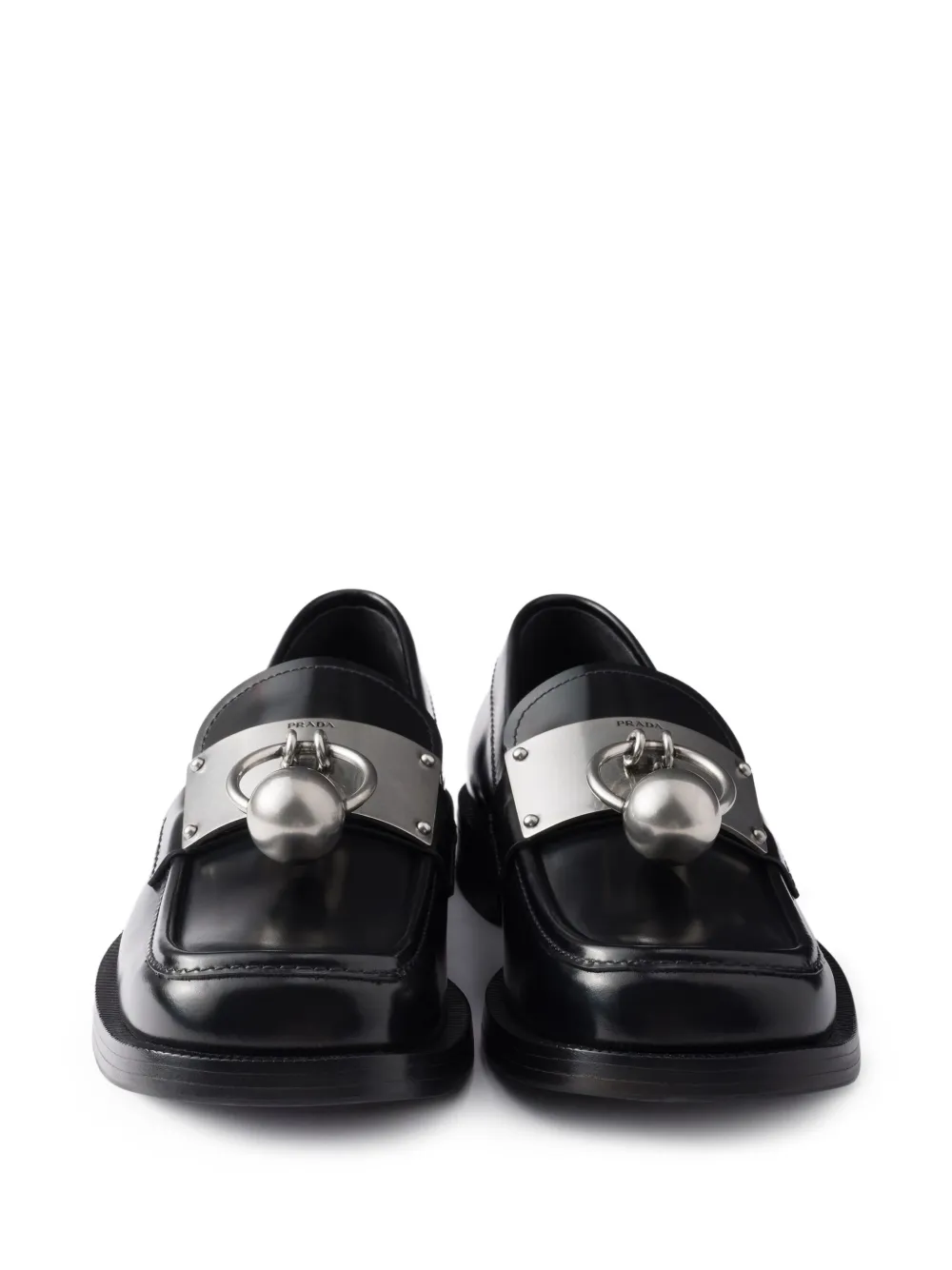 Prada metal-ornament leather loafers Black