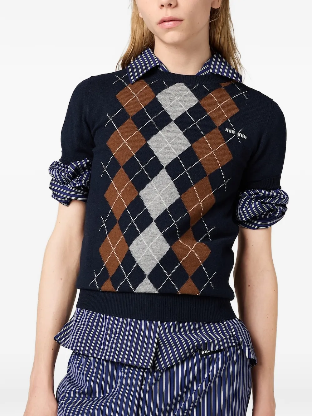 Miu Top met korte mouwen en argyle patroon Blauw