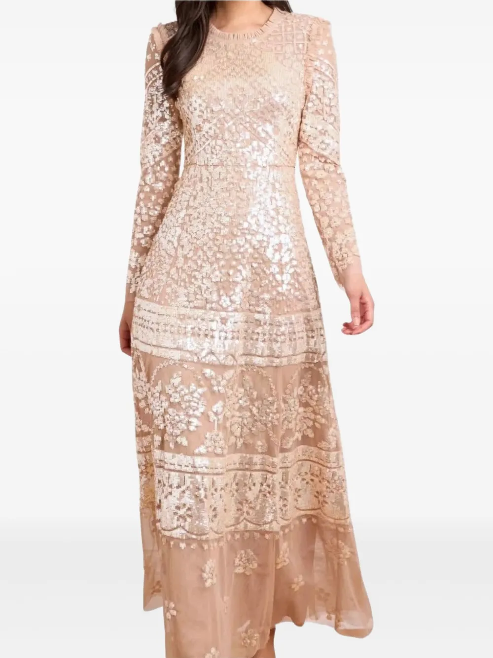 Needle & Thread Aurora sequin-embellished tiered gown - Beige