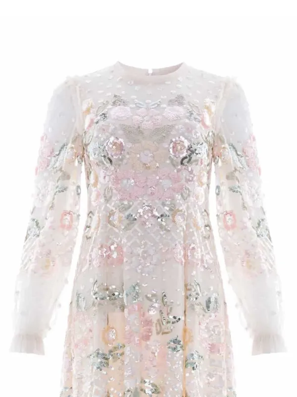 Needle & Thread Rosalie Sequin-embellished Long-sleeve Dress - Neutrals