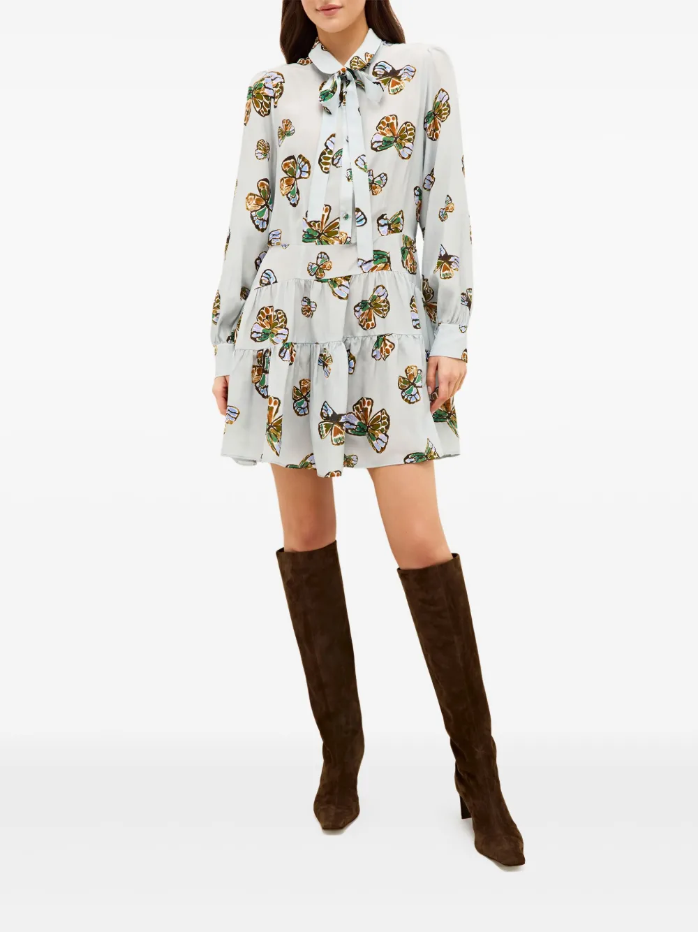Marie Oliver Ulanie butterfly-print tiered dress - Blauw