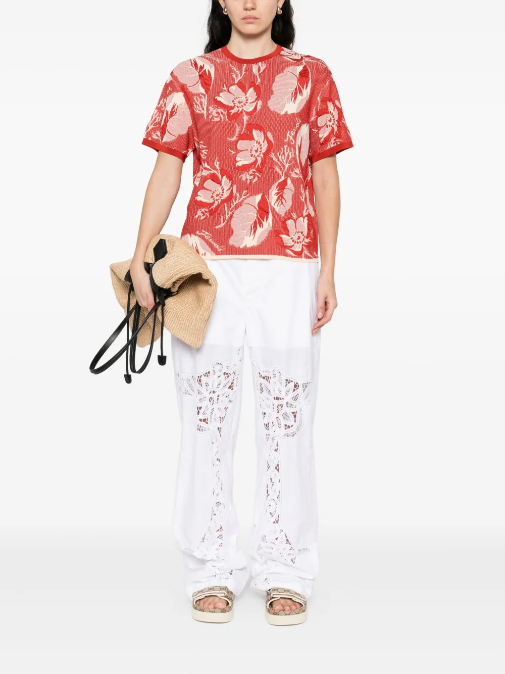 Fendi Floral-pattern Short-sleeved T-shirt In Red