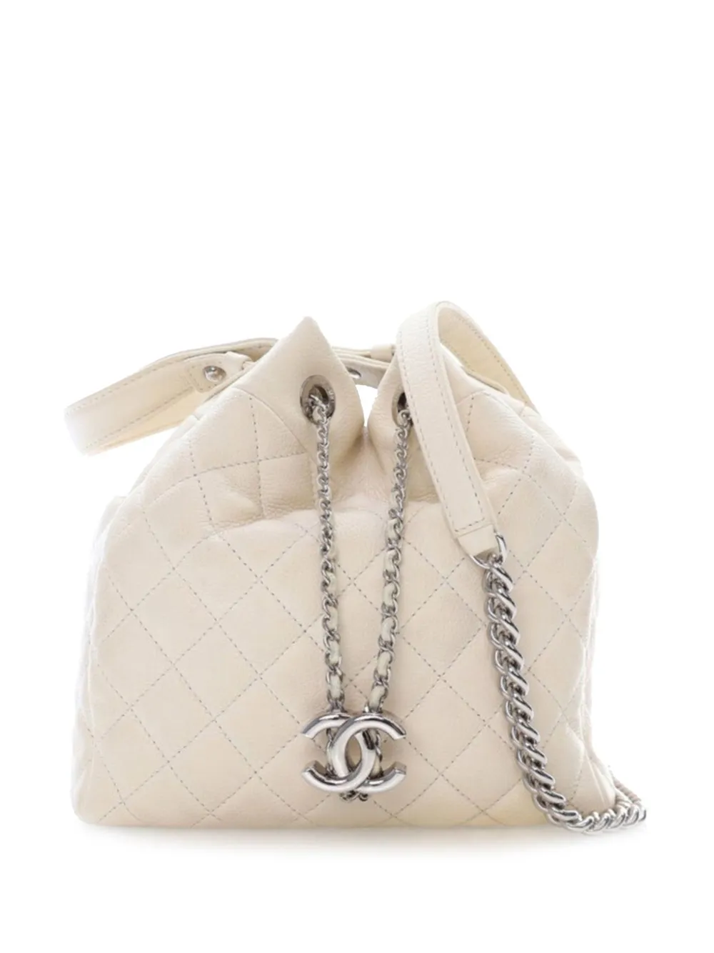 CHANEL Pre-Owned 2018-2019 Small Quilted Caviar Flat Drawstring Chain bucket bag | White | Image 1