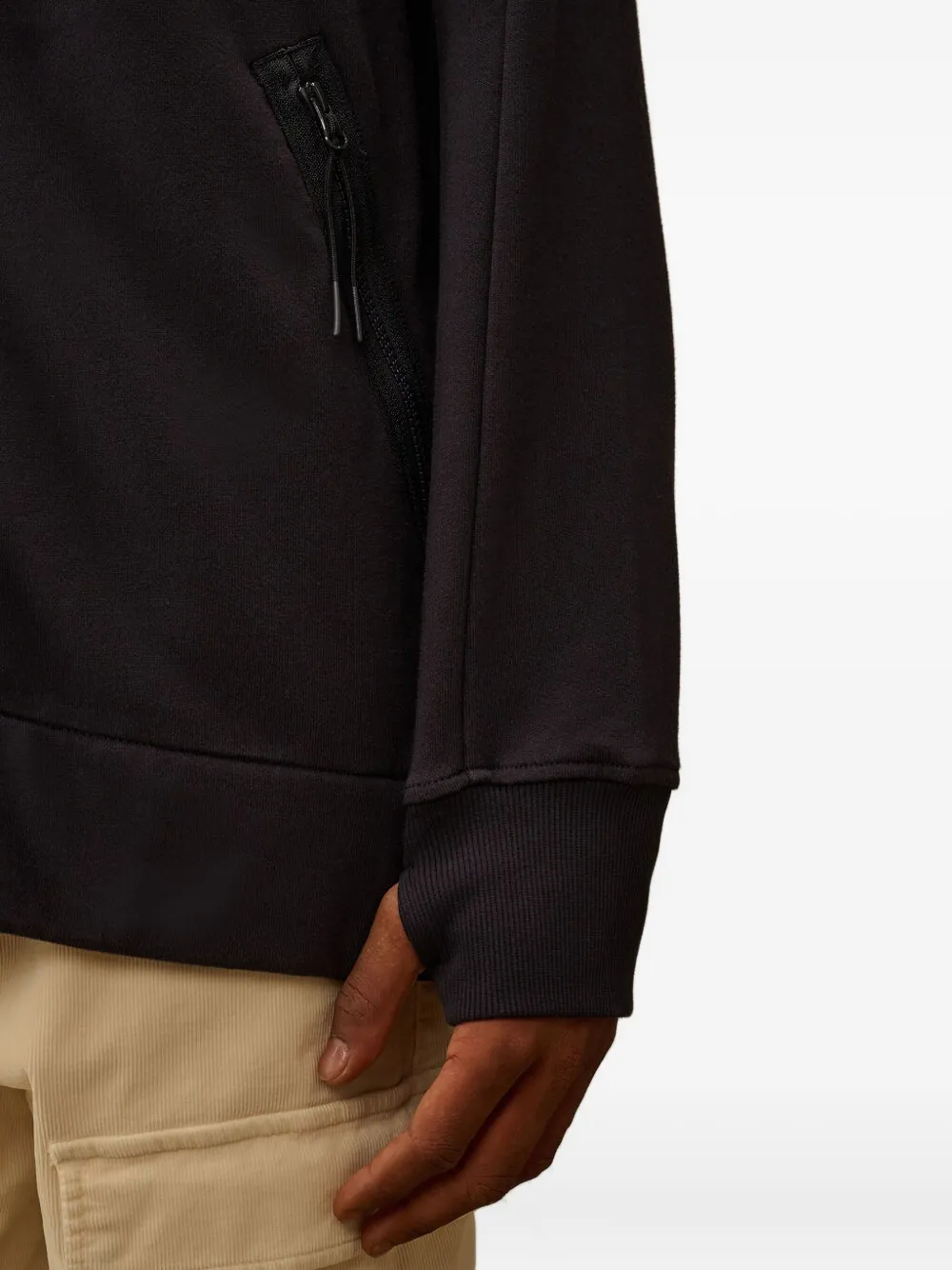 C.p. Company Minimalist Black Hooded Sweatshirt With Unique Opening Detail In Blue