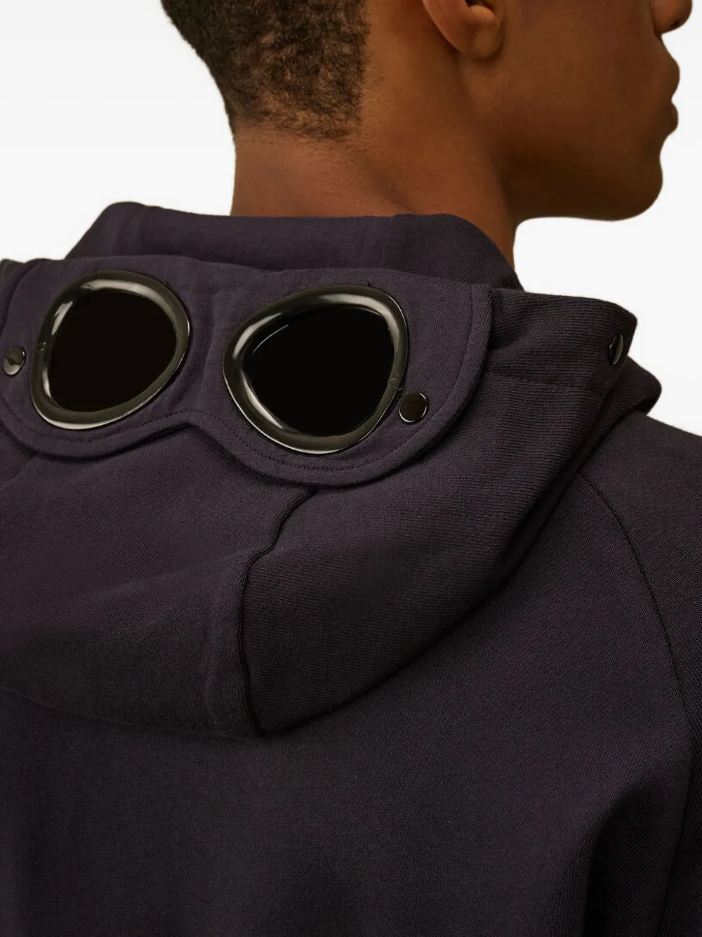 C.p. Company Minimalist Black Hooded Sweatshirt With Unique Opening Detail In Blue