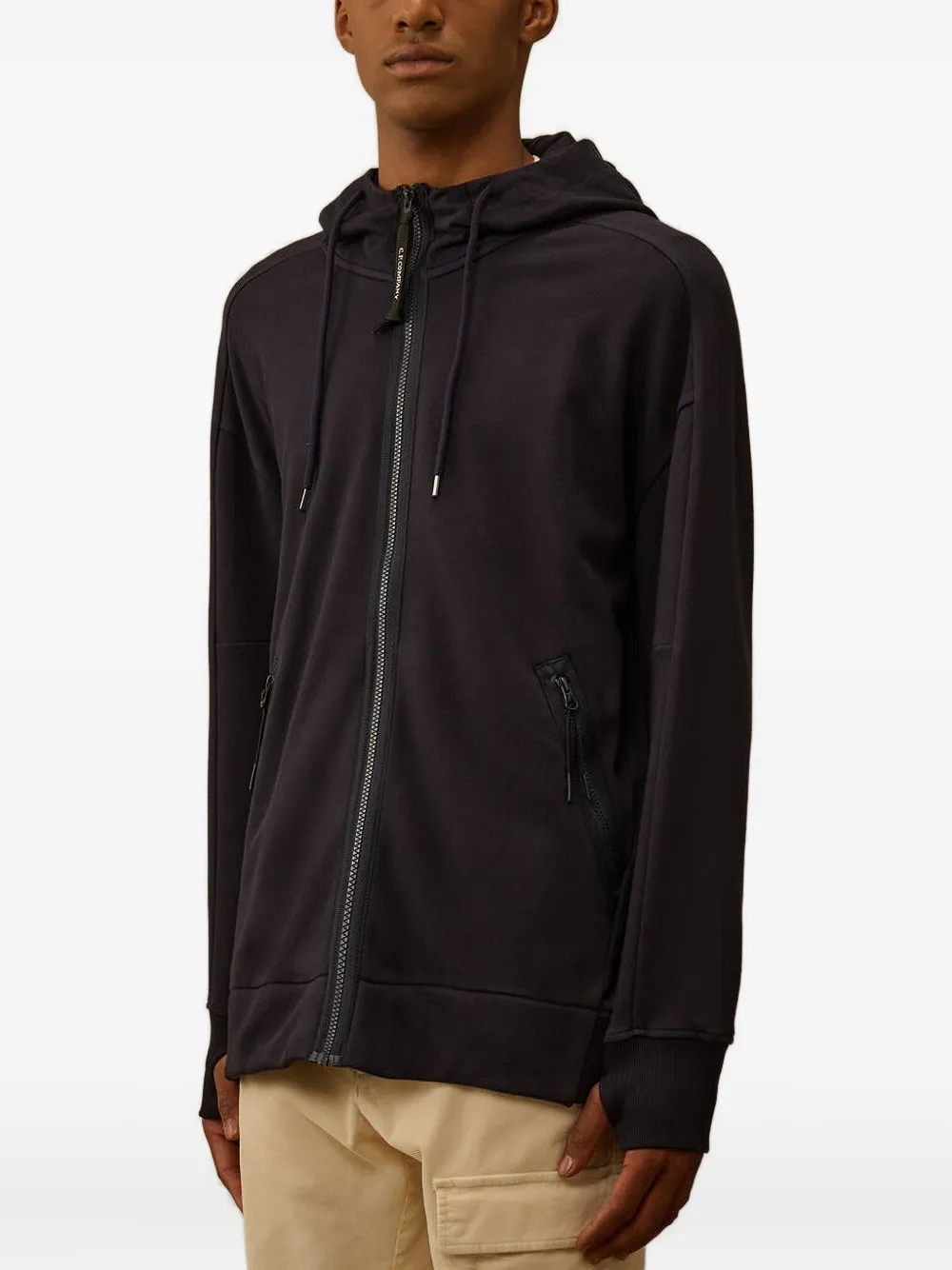 C.p. Company Minimalist Black Hooded Sweatshirt With Unique Opening Detail In Blue