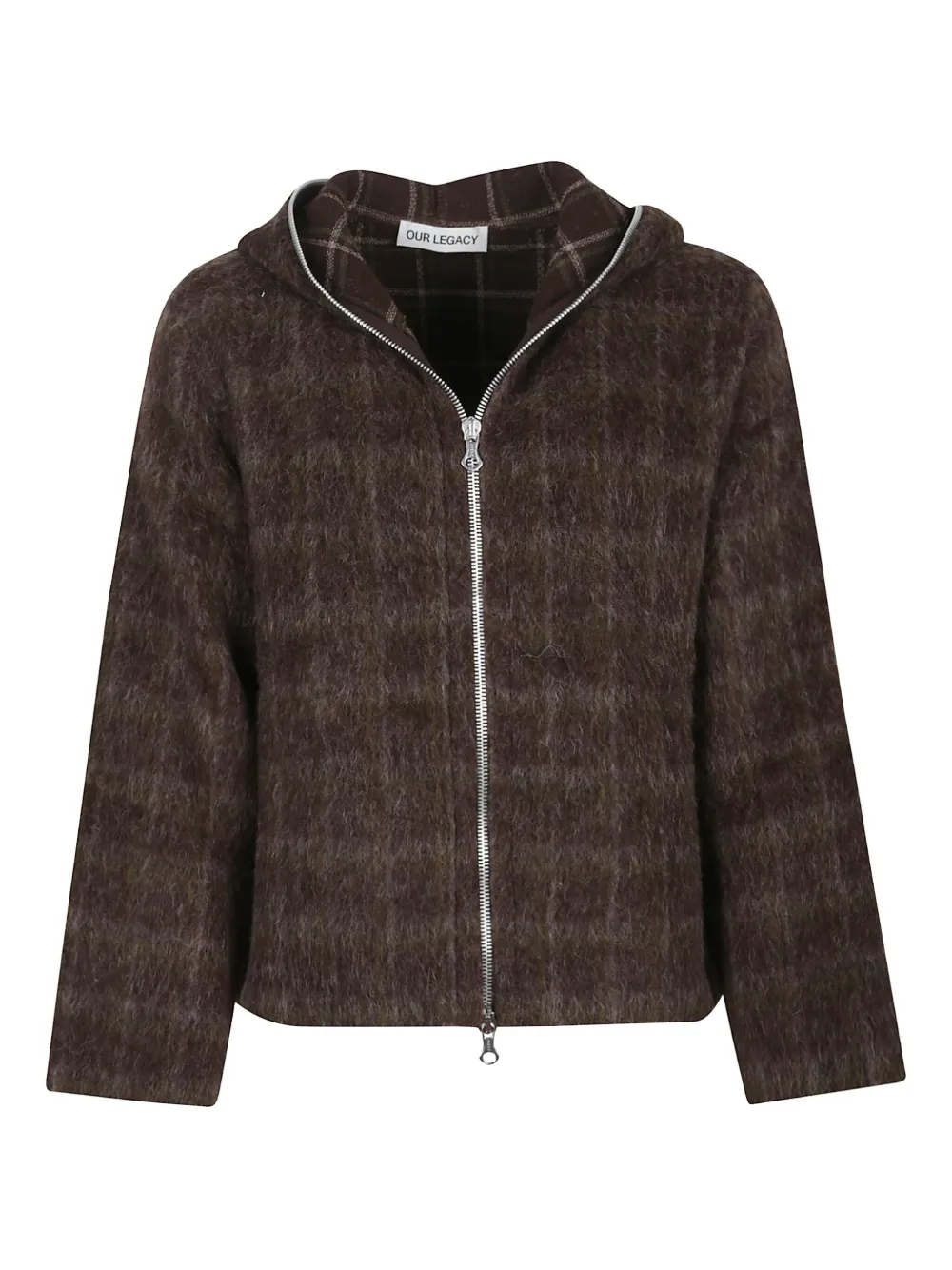 Our Legacy Textured Checkered Hooded Jacket With Long Sleeves In Brown
