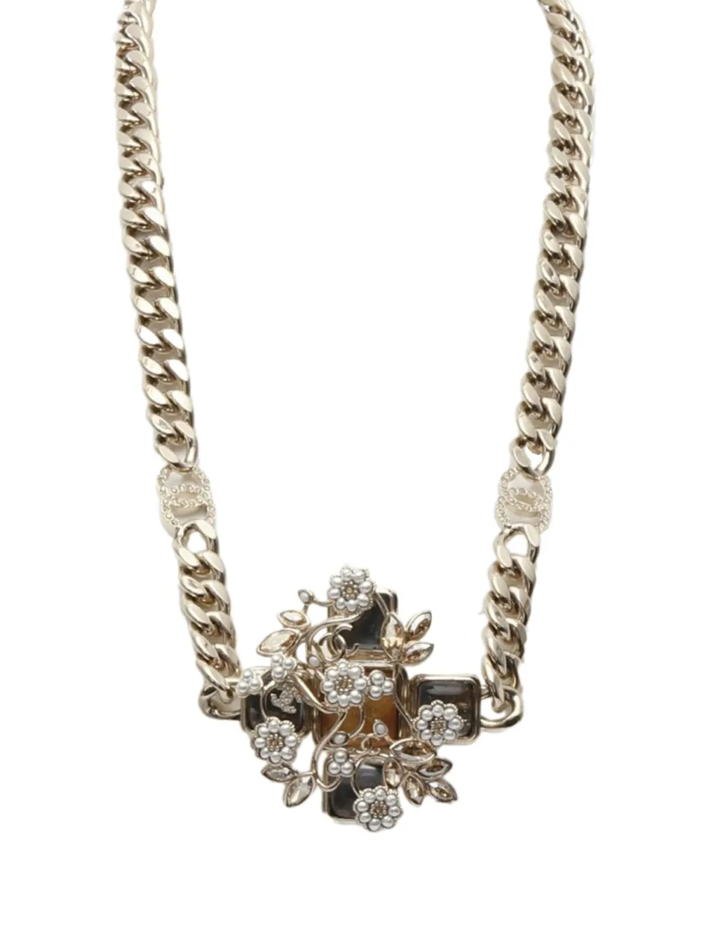 Pre-owned Chanel 1986 Floral Cross Chain Necklace In Gold