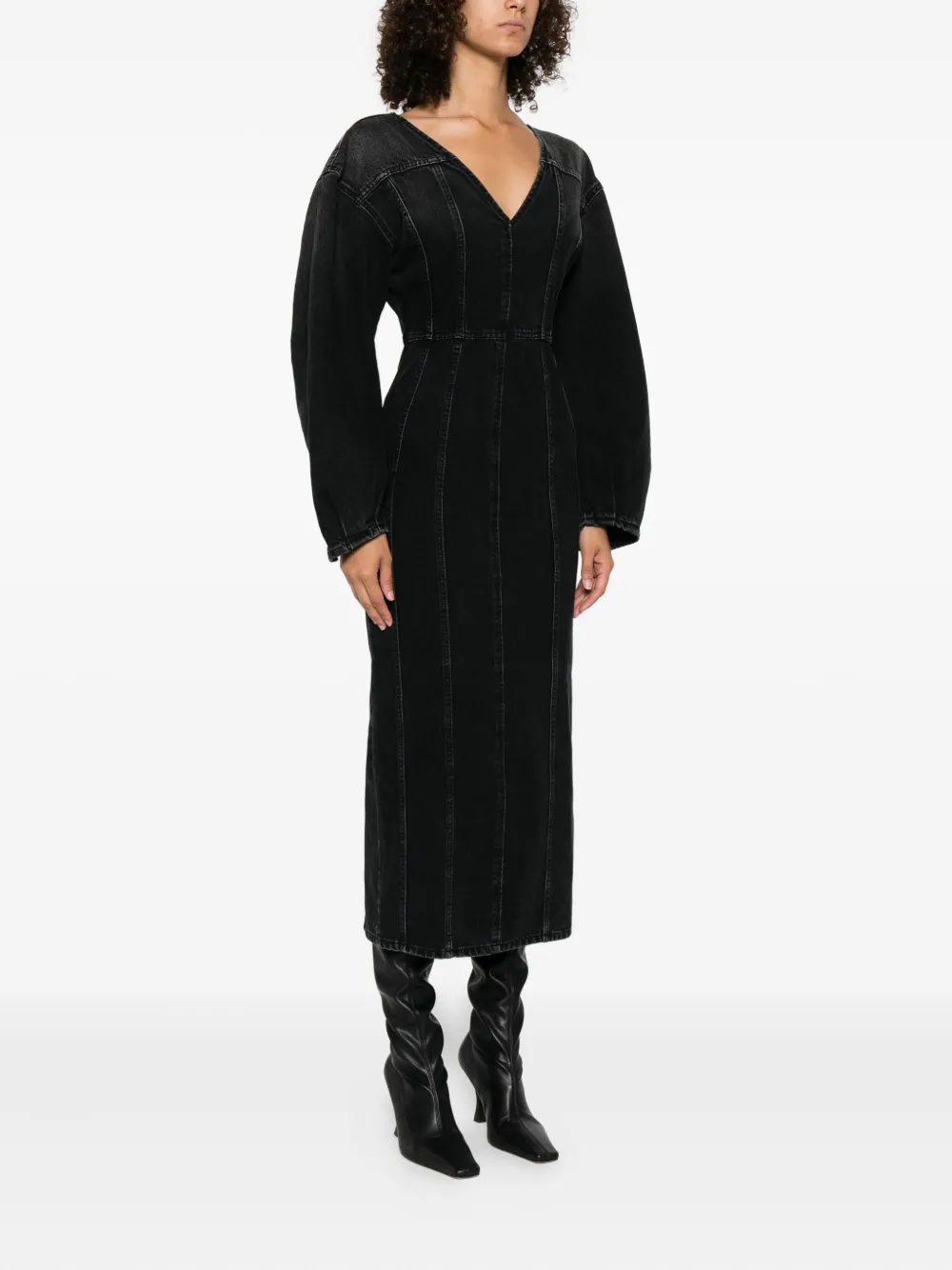 Haikure V-neck puff-sleeve midi dress Zwart