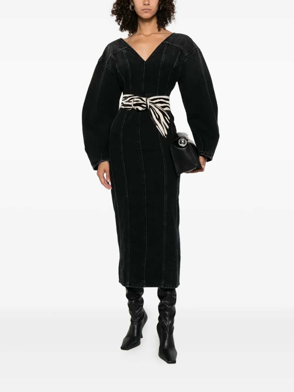 Haikure V-neck puff-sleeve midi dress Zwart