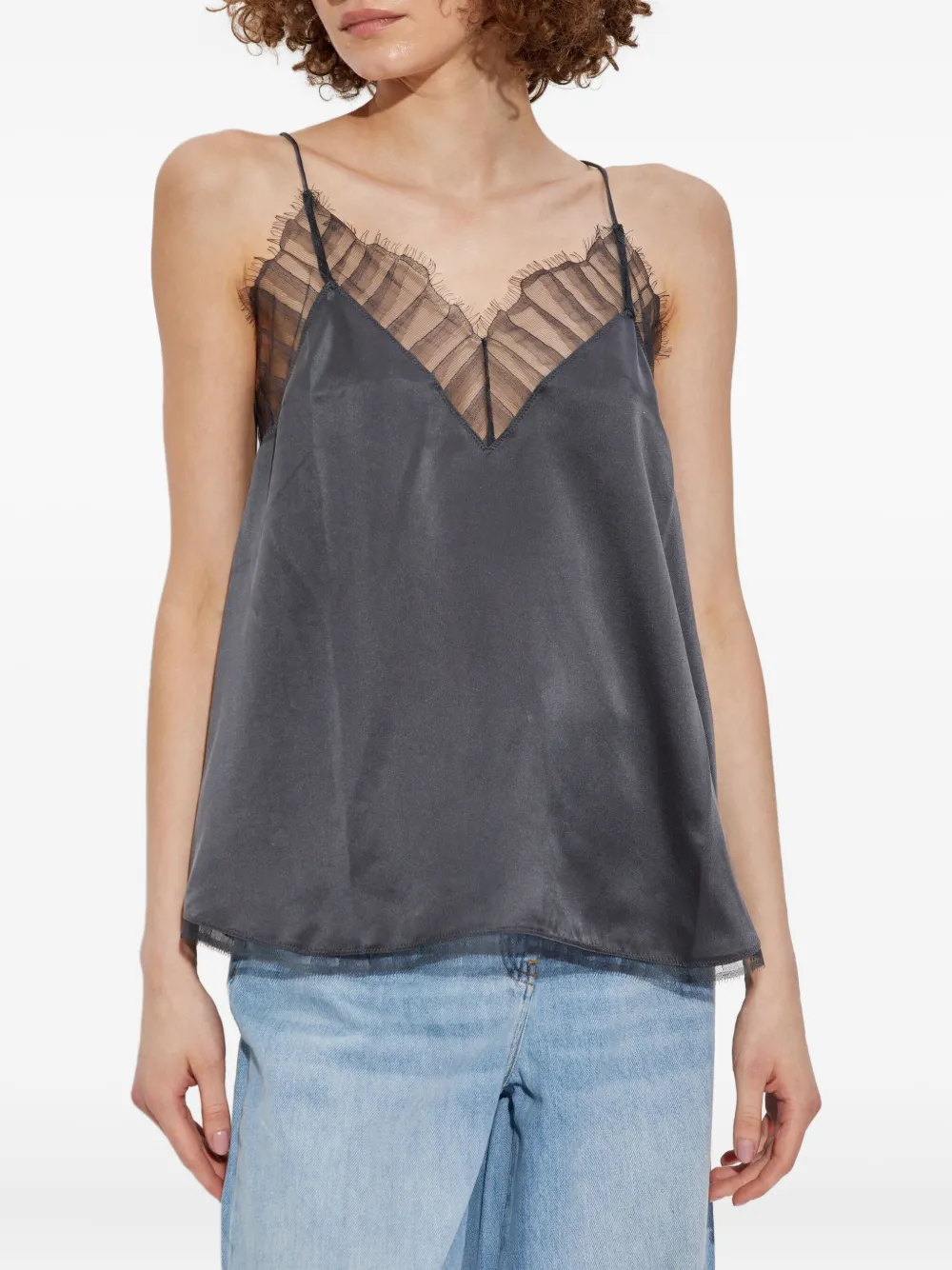 IRO lace-trim silk top - グレー IRO lace-trim silk top - グレー