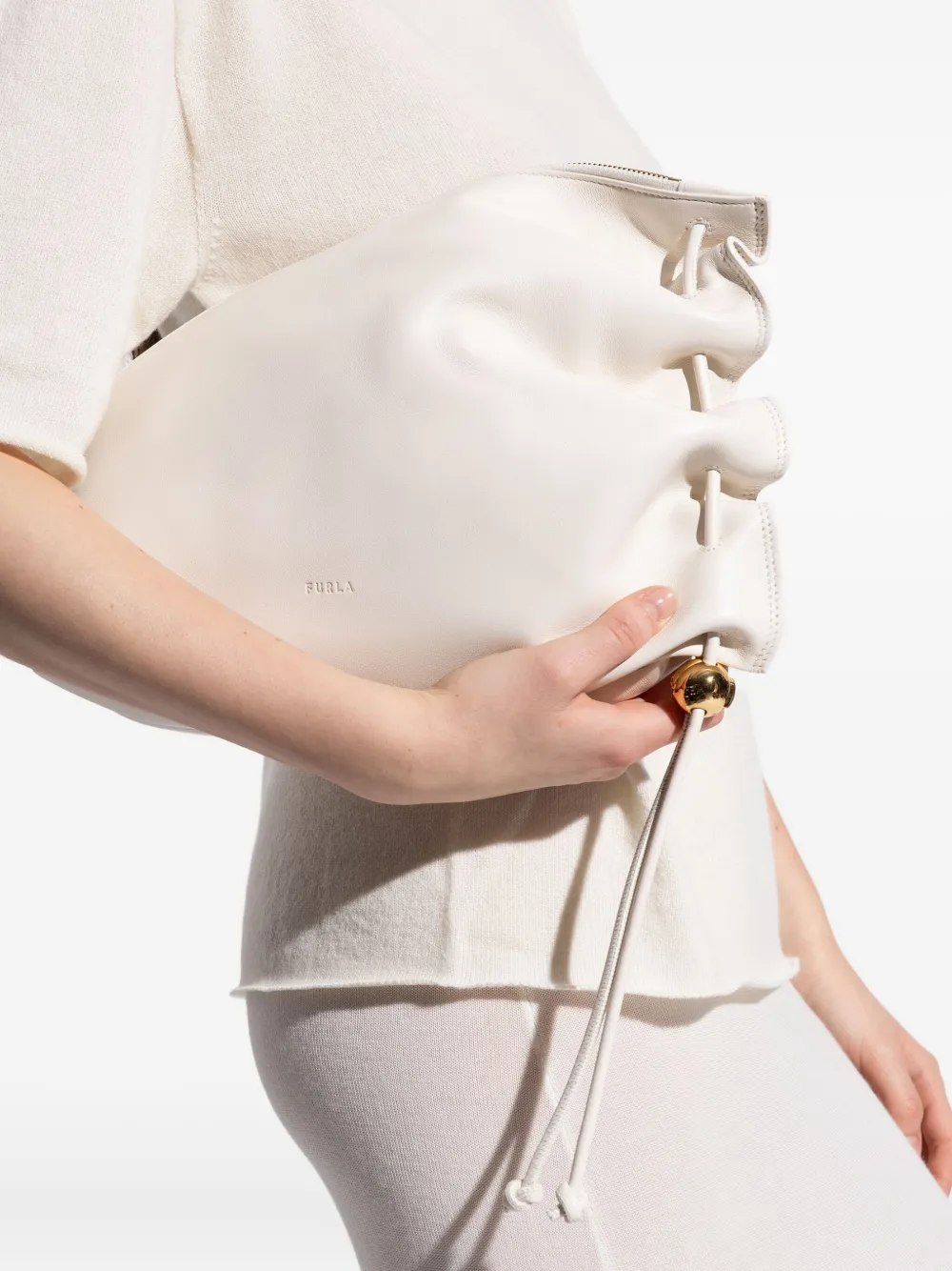 Furla drawstring-detail leather clucth bag - Wit