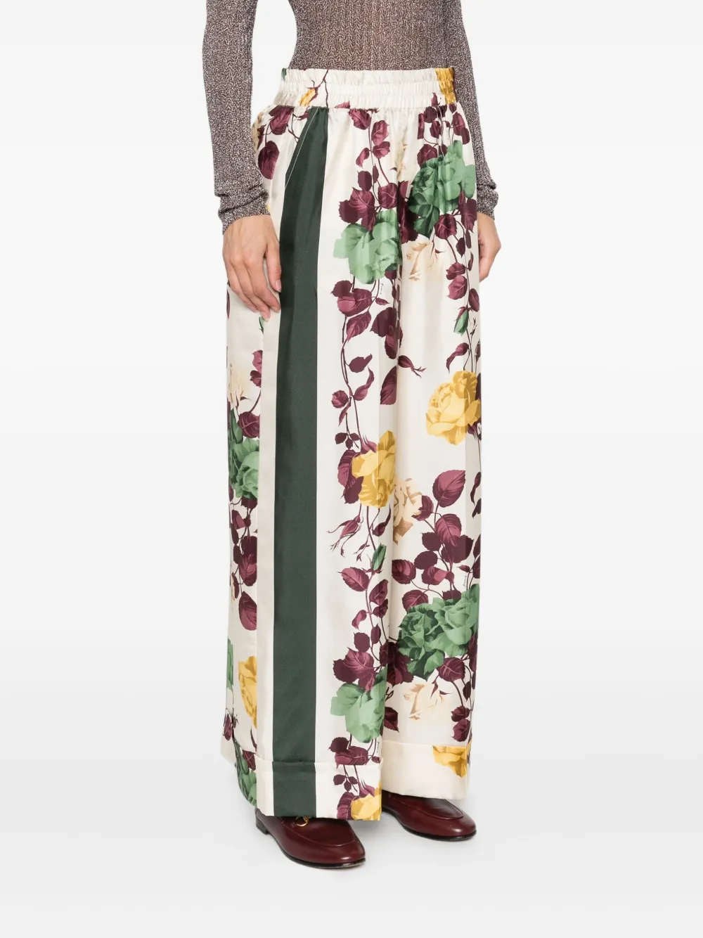 P.A.R.O.S.H. Broek met zijstreep en bloemenprint Beige