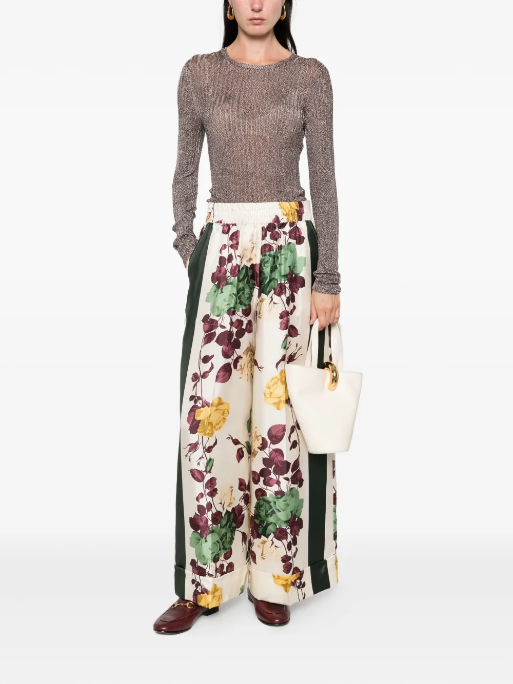 P.A.R.O.S.H. Broek met zijstreep en bloemenprint Beige