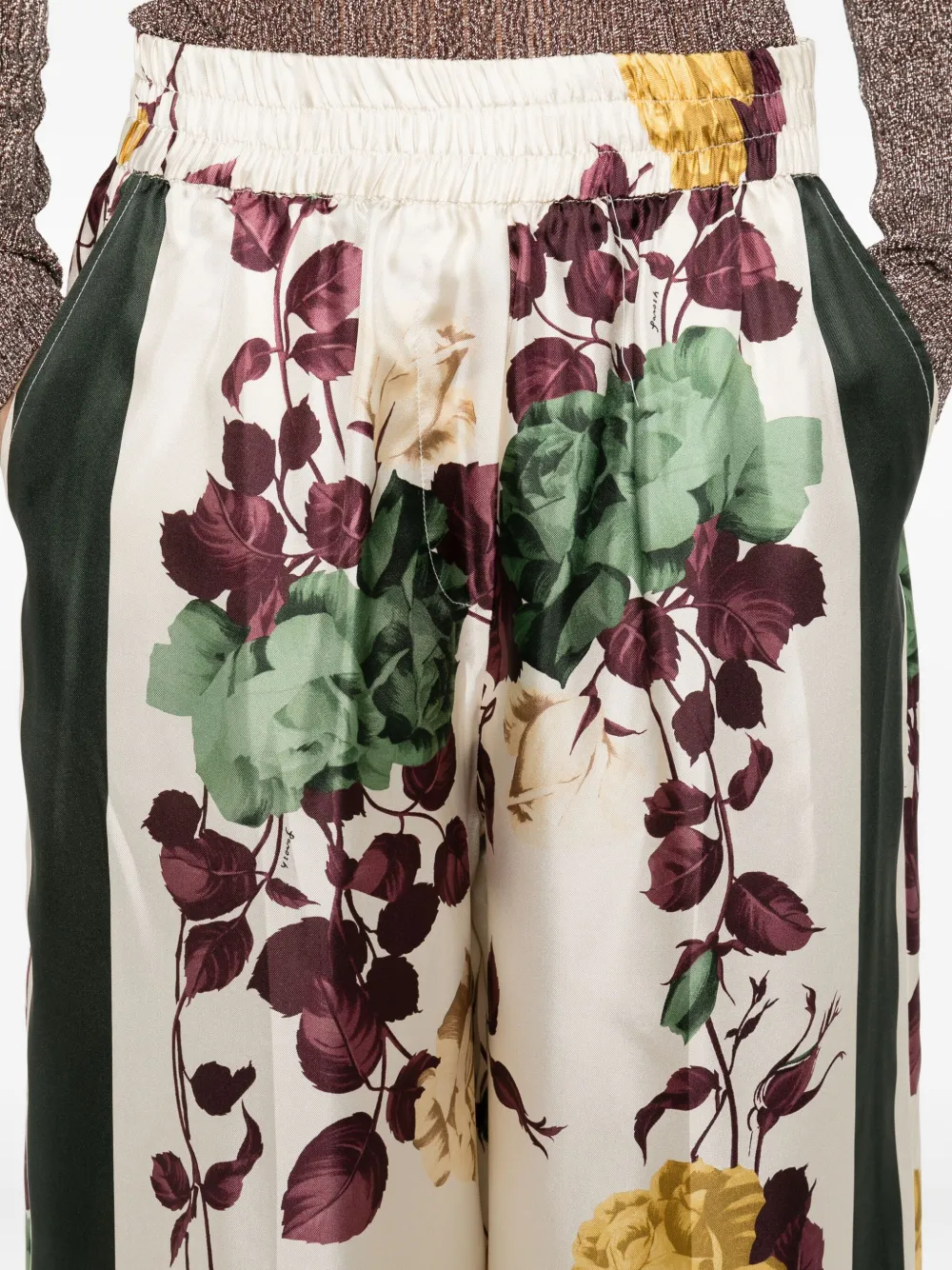 P.A.R.O.S.H. Broek met zijstreep en bloemenprint Beige