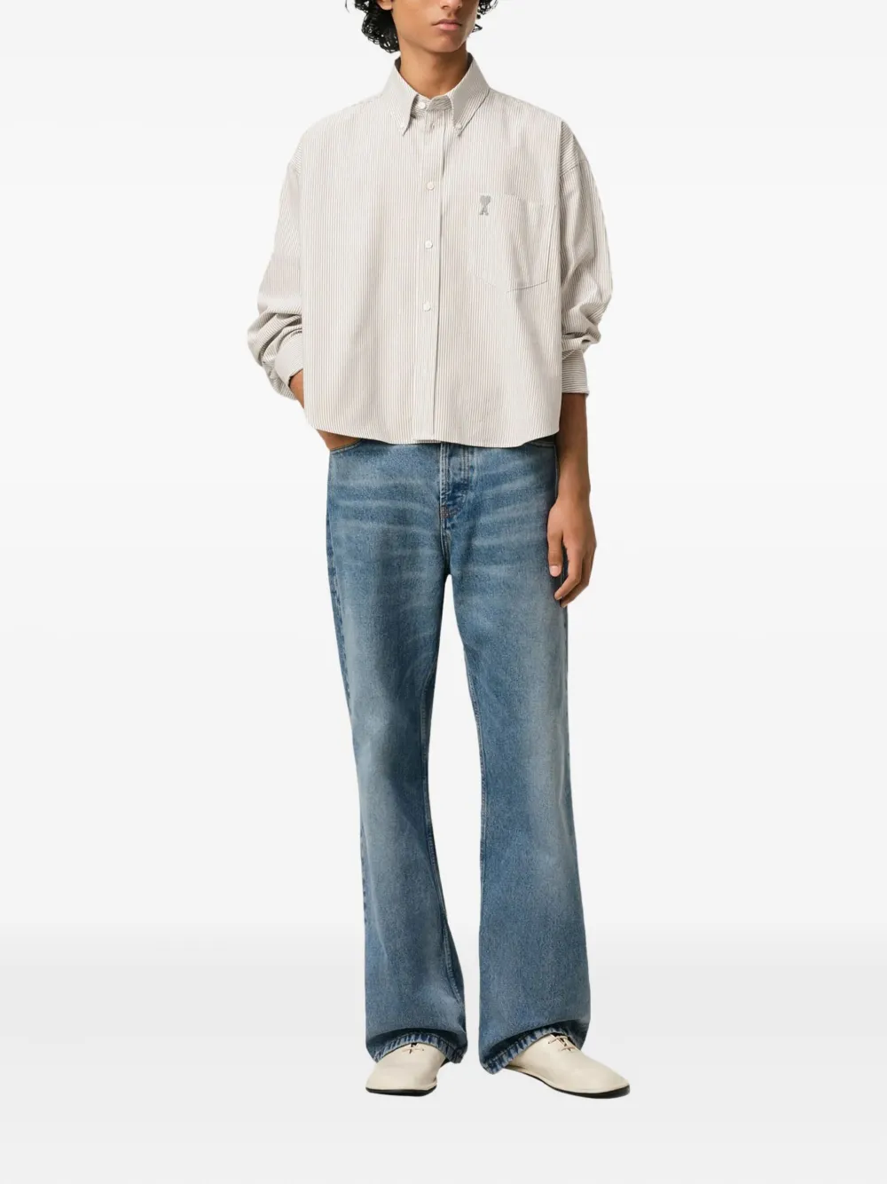AMI Paris stripe logo-embroidered shirt - Groen