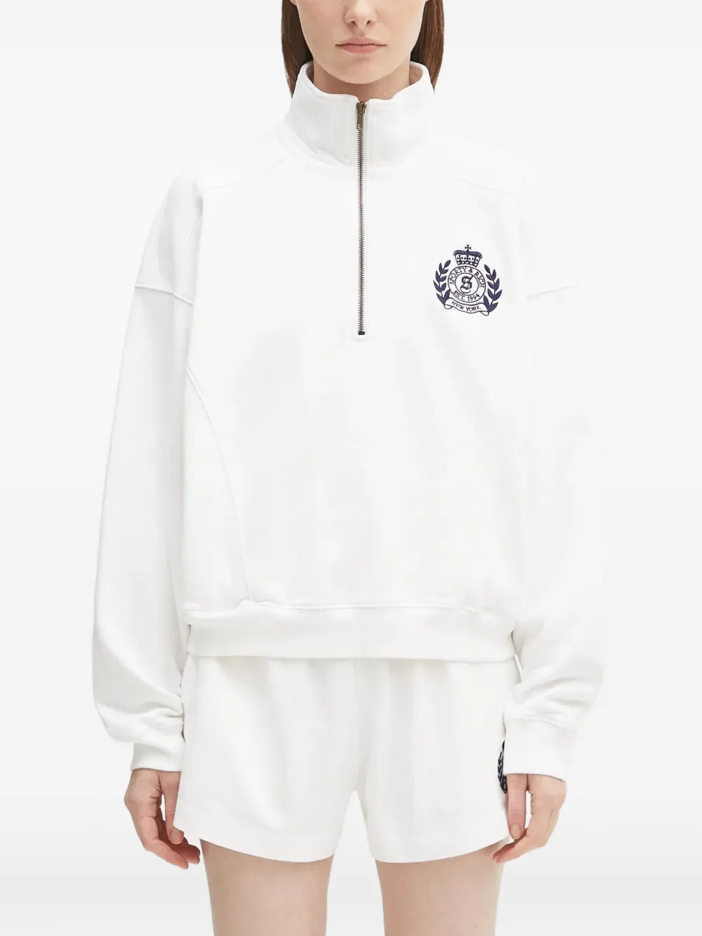 Sporty And Rich Crest-embroidered Half-zip Sweatshirt In White