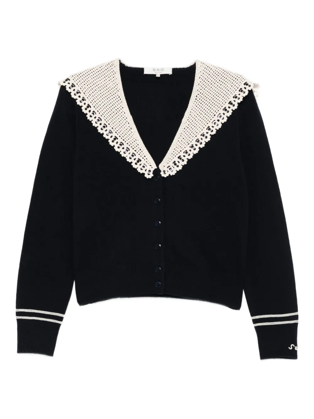 Sea Marie Crochet-collar Cardigan In Black