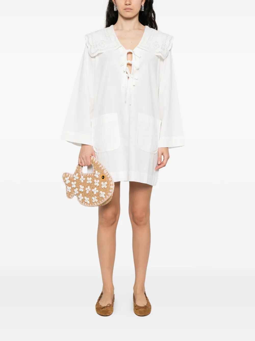 Sea Lace-collar Tie-front Dress In White