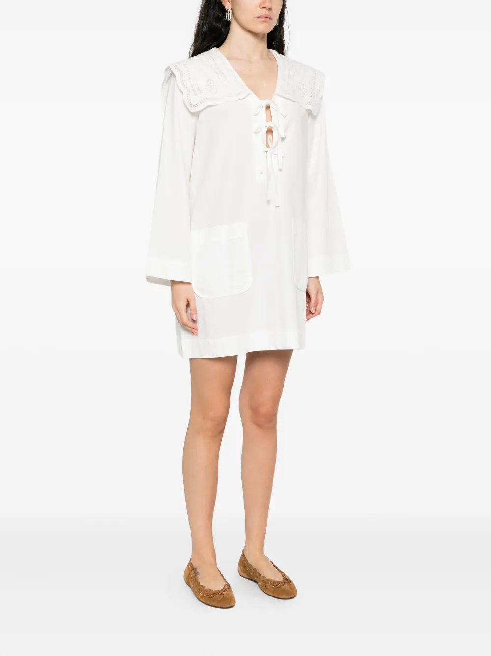 Sea Lace-collar Tie-front Dress In White