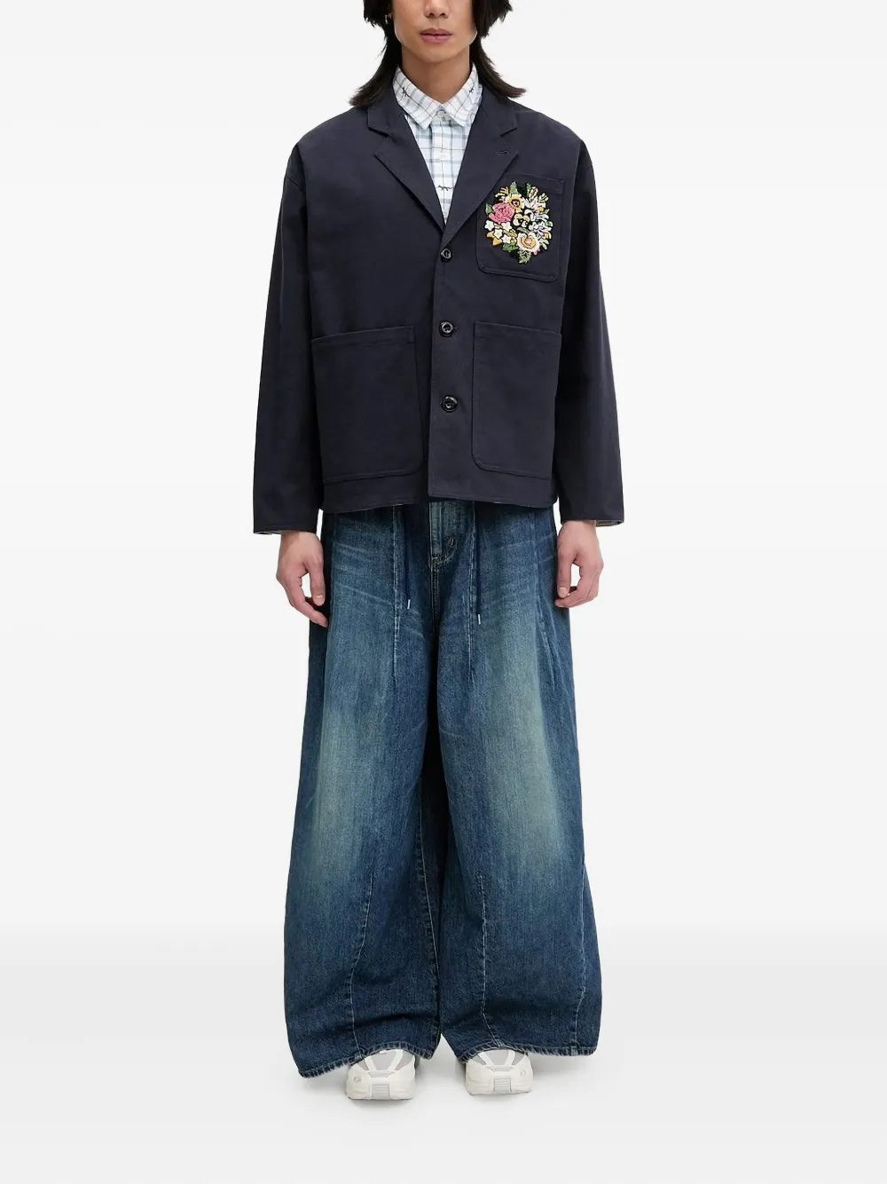 Kenzo floral-embroidered button-up shirt jacket Blauw