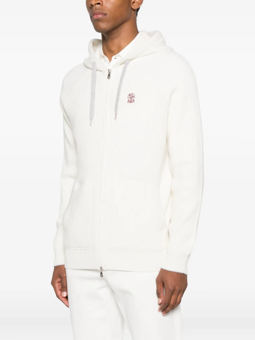 Brunello Cucinelli hooded ribbed zip-up cardigan Wit