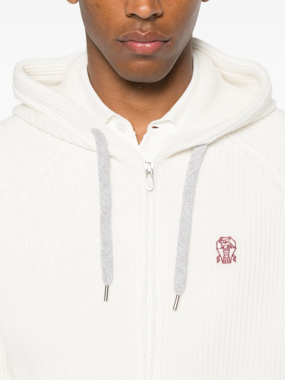Brunello Cucinelli hooded ribbed zip-up cardigan Wit